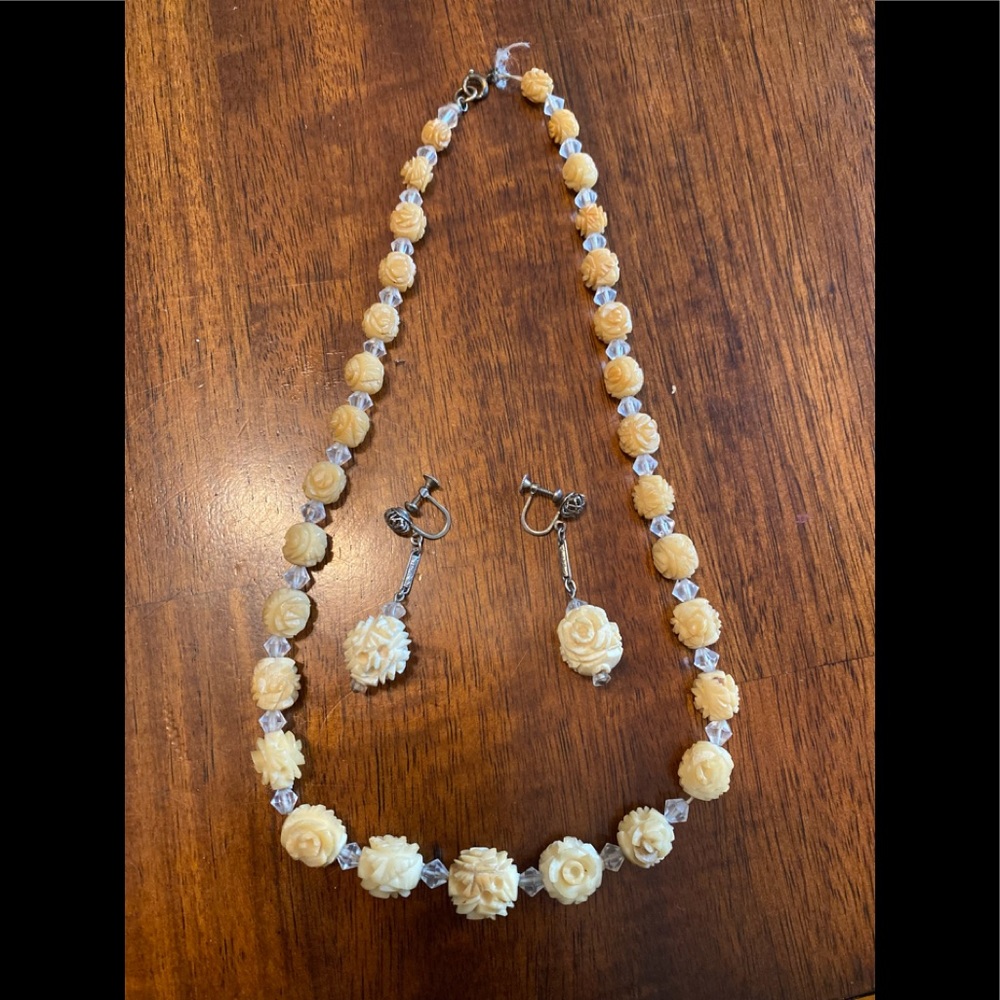 Antique carved rose necklace and earrings
